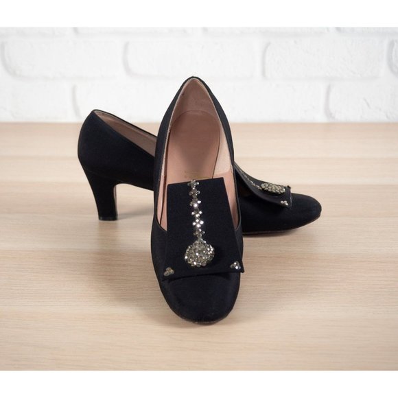 Vintage Women's Peau de Soie Black Pumps with Rhinestones by Mijji US 7 AAA - Picture 1 of 10